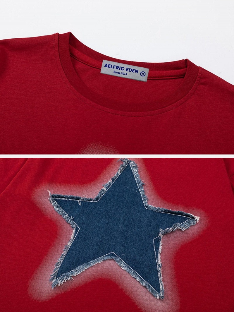 Vert  T Shirts Aelfric Eden Embroidery Denim Star Tee Grise - EON-9412156